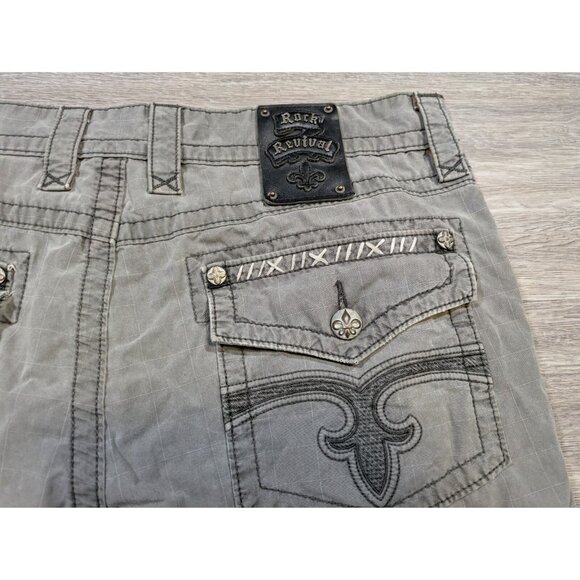 Rock Revival Cargo Shorts Men's 38 Gray Classic Thick Stitch Embroidered Utility - Picture 9 of 13
